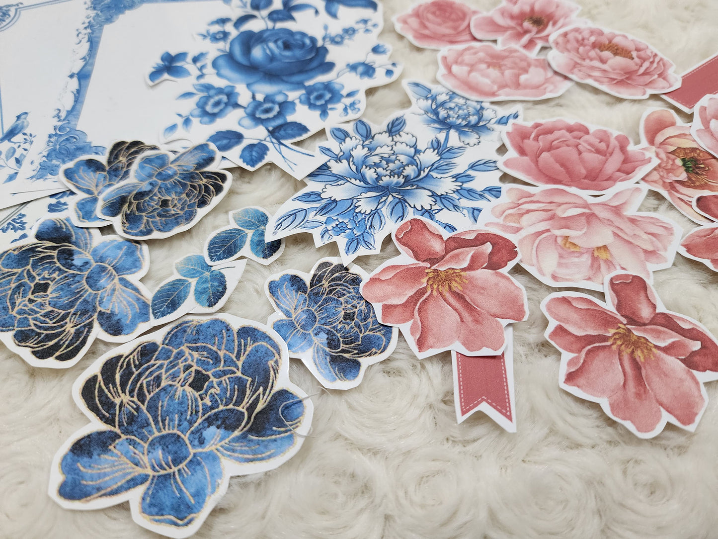 Blue & Rose Pink Shades of Flowers Theme Journal Stickers