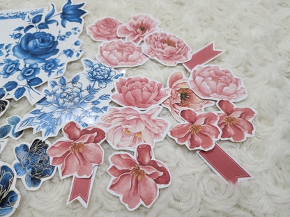 Blue & Rose Pink Shades of Flowers Theme Journal Stickers