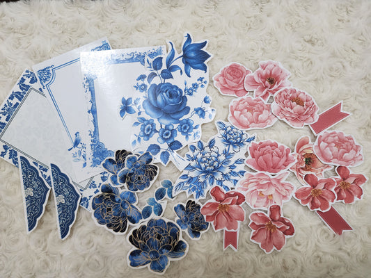 Blue & Rose Pink Shades of Flowers Theme Journal Stickers